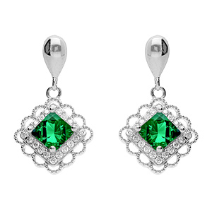 Boucles d'oreille pendante tige en argent rhodi� carr� vert et halo d'oxydes