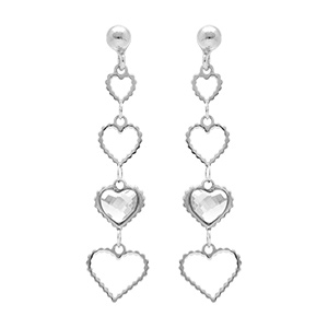 Boucles d'oreille pendante tige en argent rhodi� coeurs ajour�s et un oxyde blanc