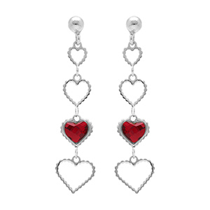 Boucles d'oreille pendante tige en argent rhodi� coeurs ajour�s et un oxyde rouge
