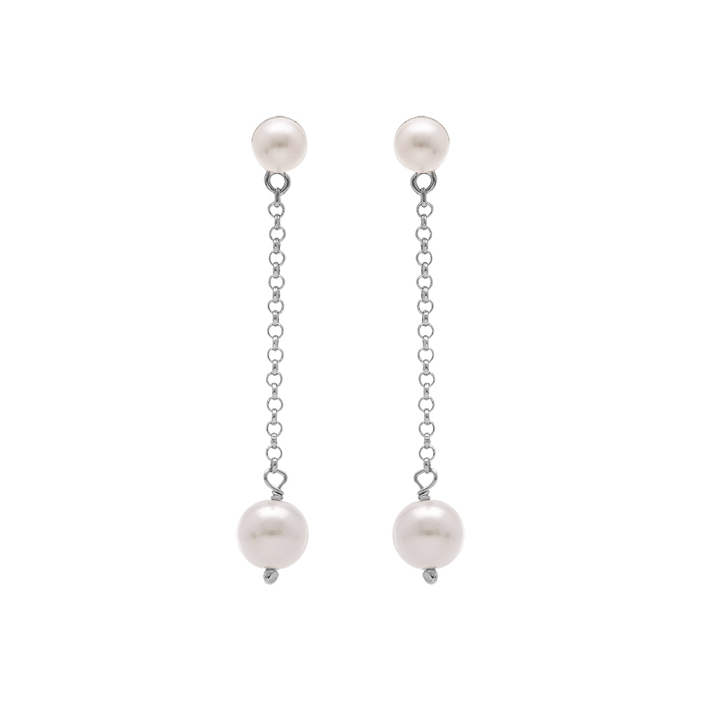 Boucles d\'oreille pendante tige en argent rhodi� deux perles blanches imitation - Vue 1