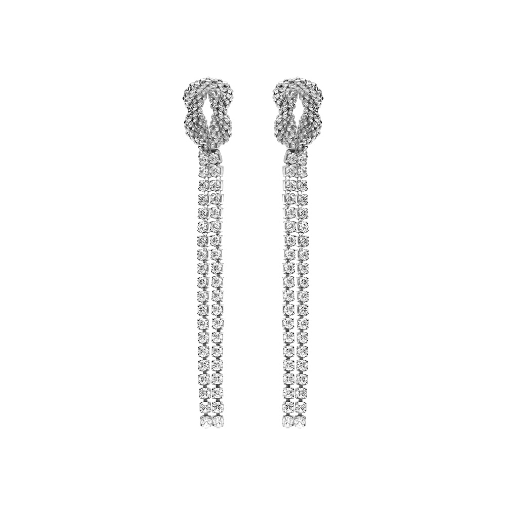 Boucles d\'oreille pendante tige en argent rhodi� deux 2 rangs d\'oxydes blancs sertis avec noeud - Vue 1
