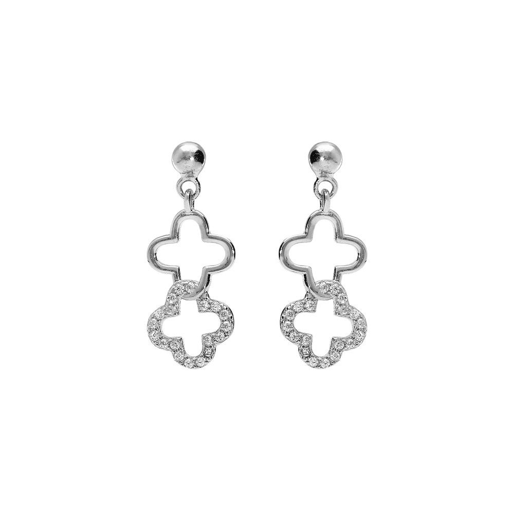 Boucles d\'oreille pendante tige en argent rhodi� double fleur avec oxydes blancs sertis - Vue 1