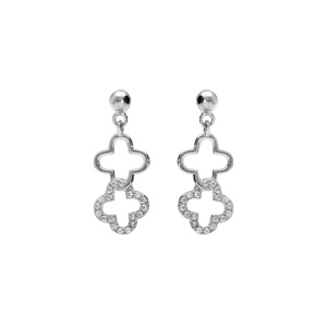 Boucles d\'oreille pendante tige en argent rhodié double fleur avec oxydes blancs sertis - Vue 1