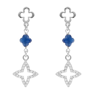 Boucles d'oreille pendante tige en argent rhodi� tr�fles d' oxydes blancs sertis et r�sine bleue