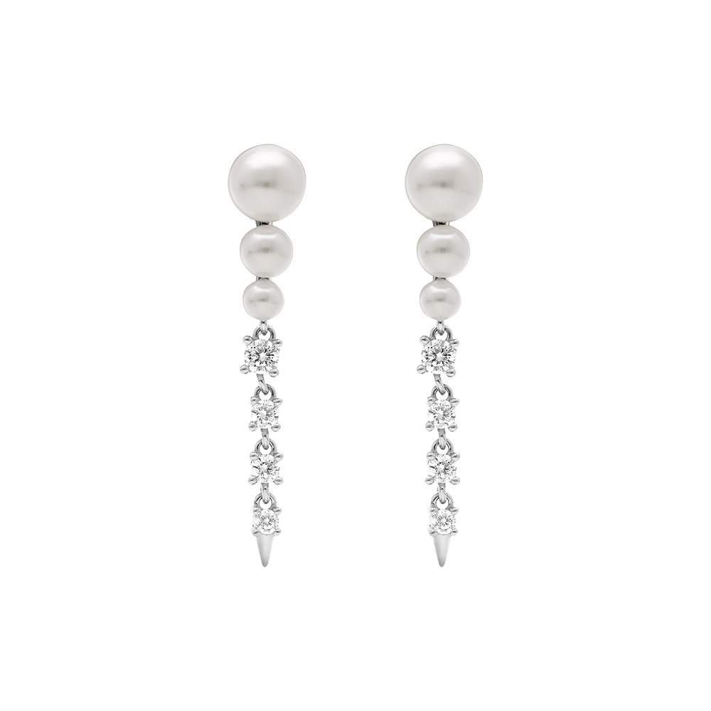 Boucles d\'oreille pendante tige en argent rhodi� trois perles blanches imitation et oxydes blancs - Vue 1
