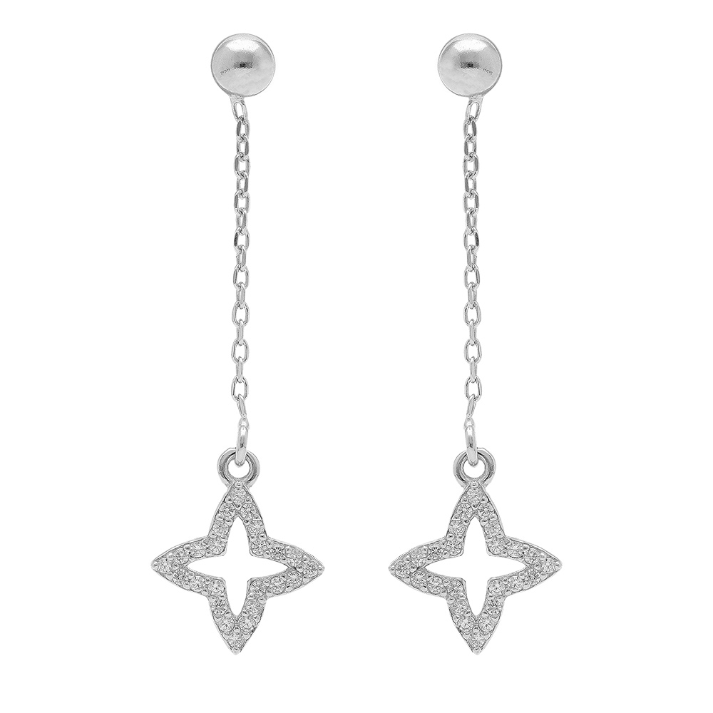 Boucles d\'oreille pendante tige en argent tr�fle avec oxydes blancs sertis - Vue 1