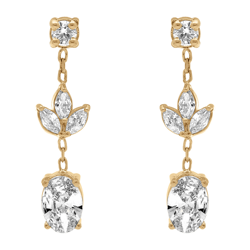 Boucles d\'oreille pendante tige en plaqu� or motif feuilles avec  oxydes blancs - Vue 1