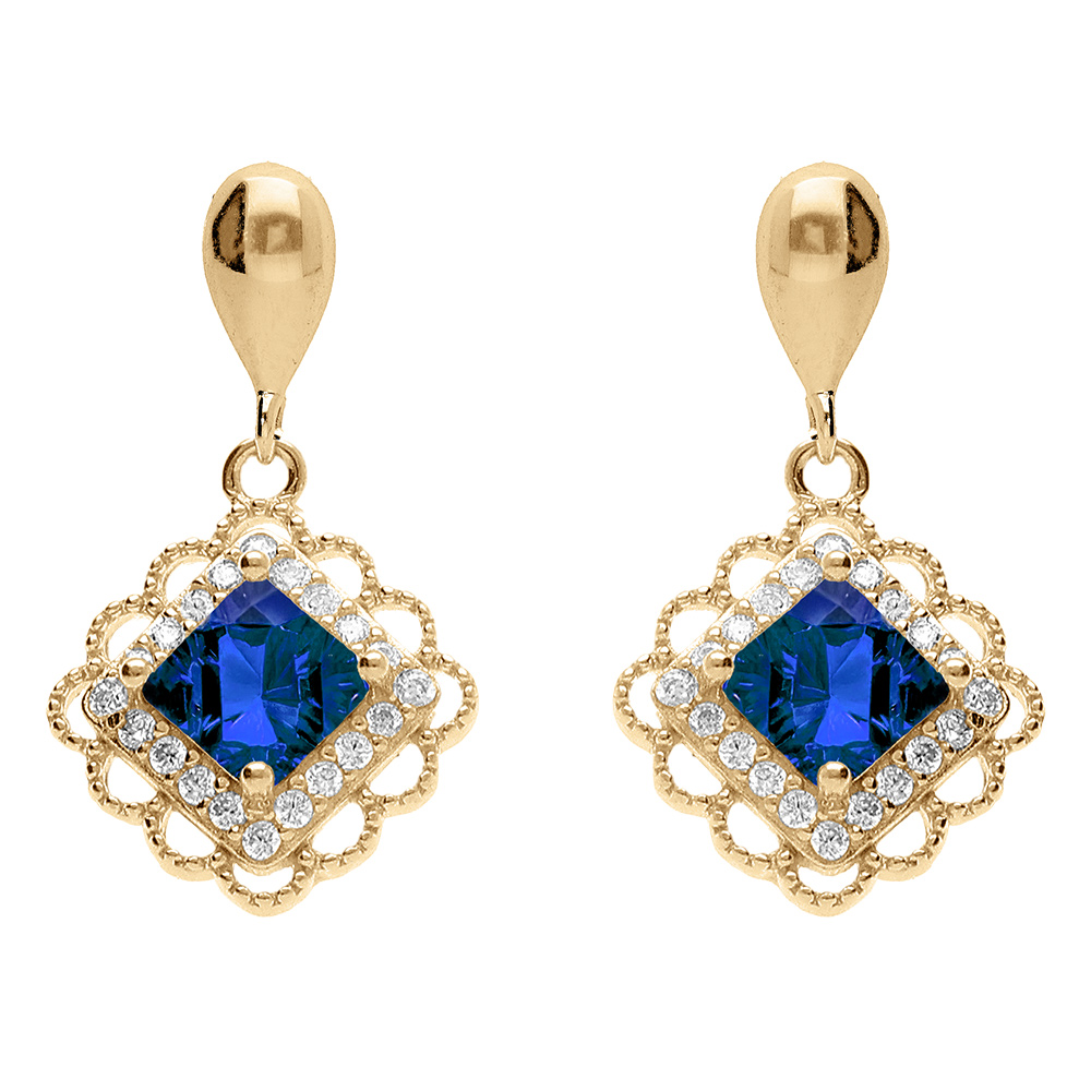 Boucles d\'oreille pendante tige en vermeil carr� oxyde bleu et halo d\'oxydes - Vue 1