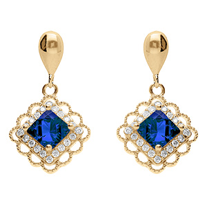 Boucles d'oreille pendante tige en vermeil carr� oxyde bleu et halo d'oxydes