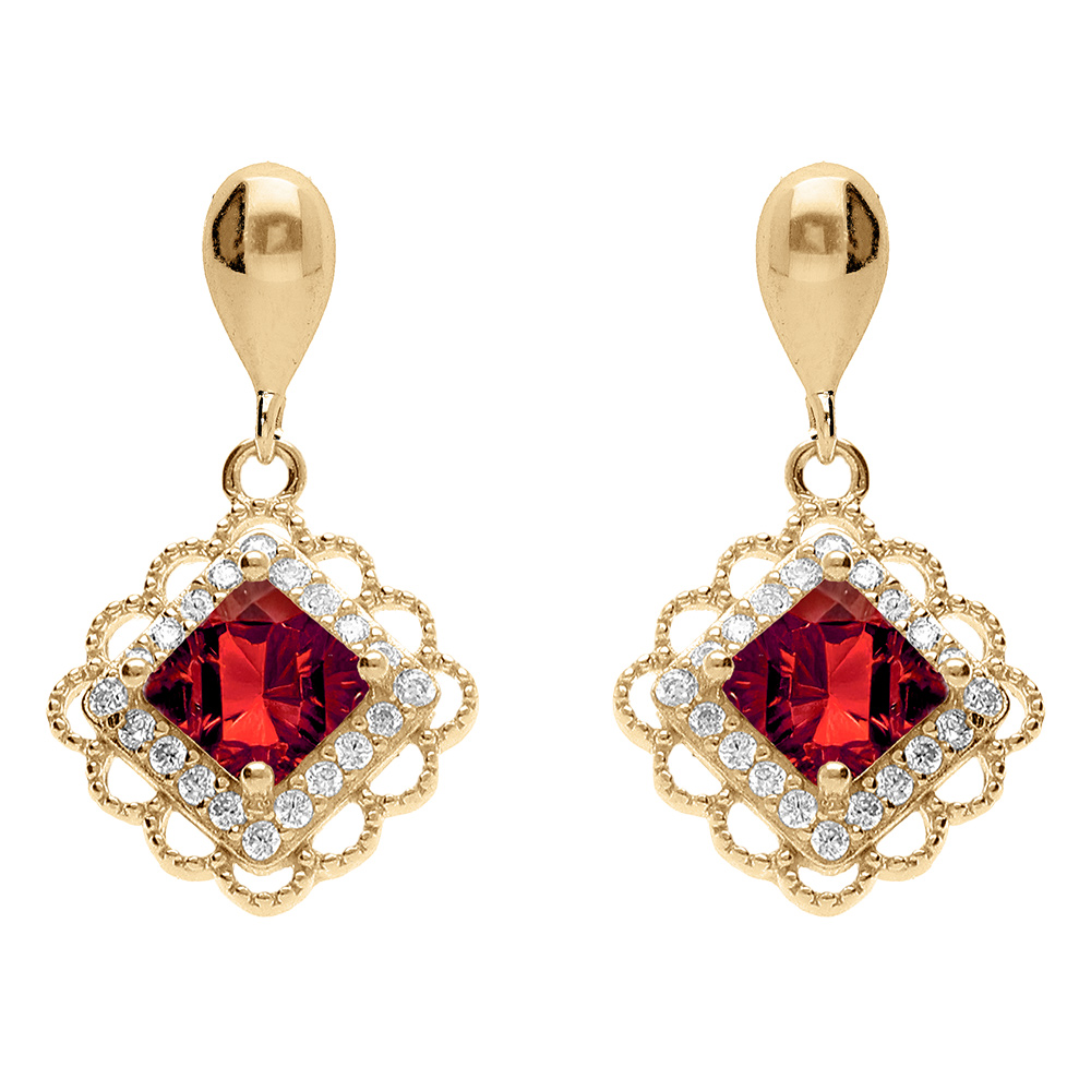 Boucles d\'oreille pendante tige en vermeil carr� oxyde rouge et halo d\'oxydes - Vue 1