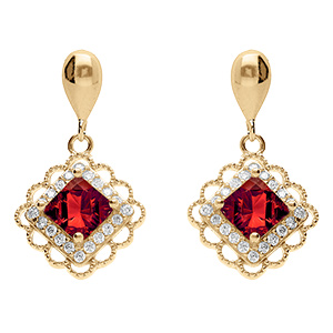 Boucles d'oreille pendante tige en vermeil carr� oxyde rouge et halo d'oxydes