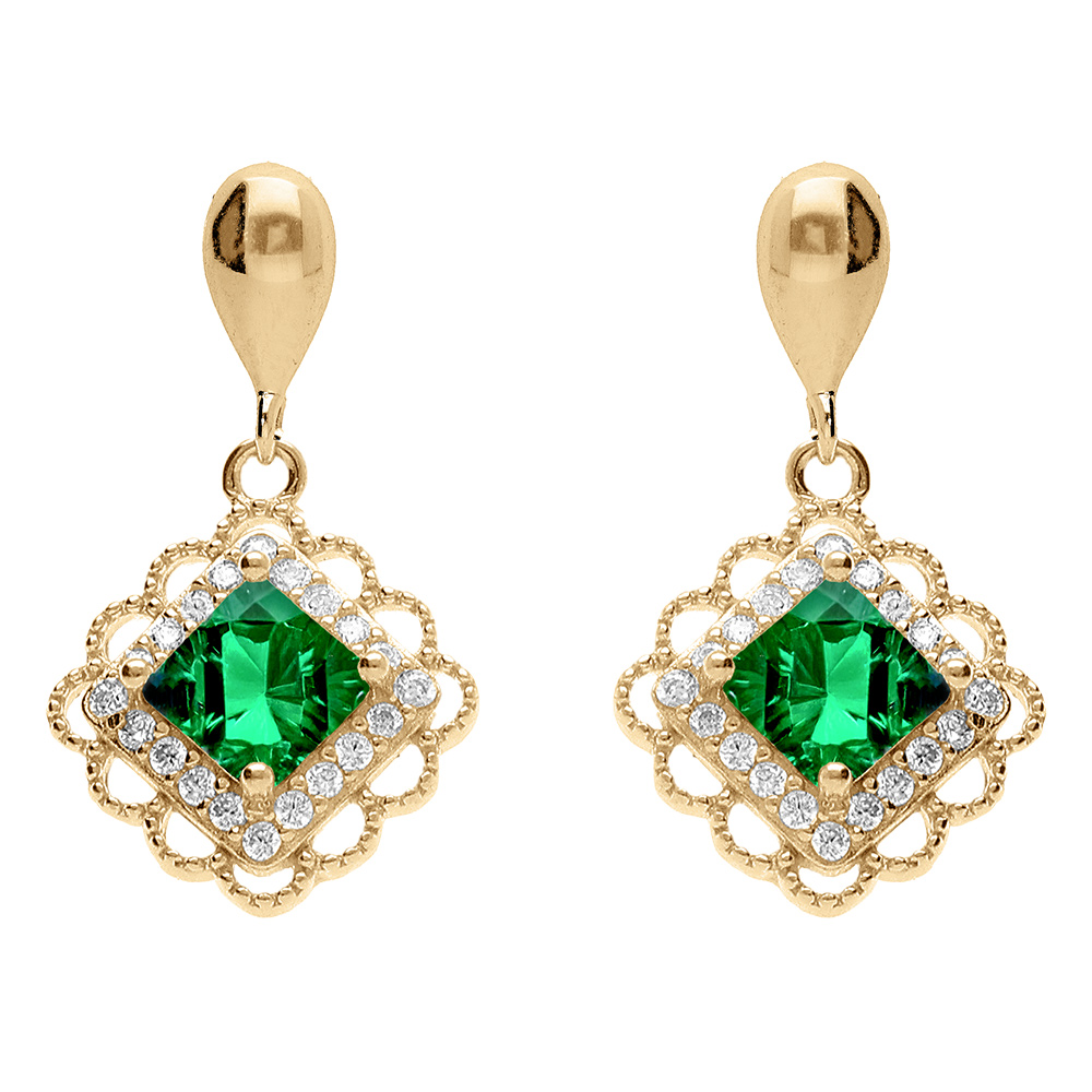 Boucles d\'oreille pendante tige en vermeil carr� oxyde vert et halo d\'r oxydes - Vue 1