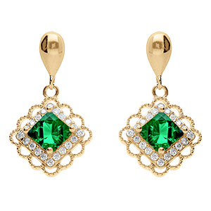 Boucles d'oreille pendante tige en vermeil carr� oxyde vert et halo d'r oxydes