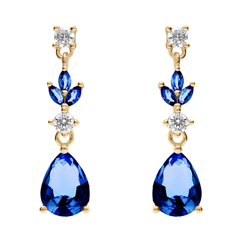 Boucles d\'oreille pendante  tige en vermeil motif feuille avec oxydes bleu et blanc - Vue 1
