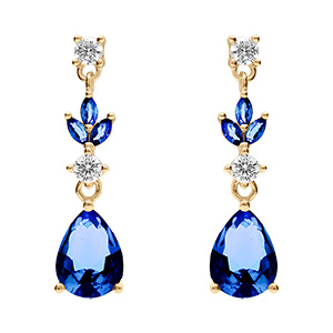 Boucles d'oreille pendante  tige en vermeil motif feuille avec oxydes bleu et blanc