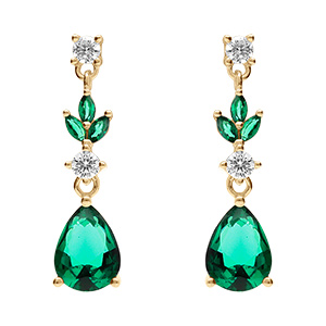 Boucles d'oreille pendante tige en vermeil motif feuille avec oxydes vert et blanc