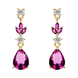 Boucles d'oreille pendante tige en vermeil motif feuilles avec oxydes rouge et blanc