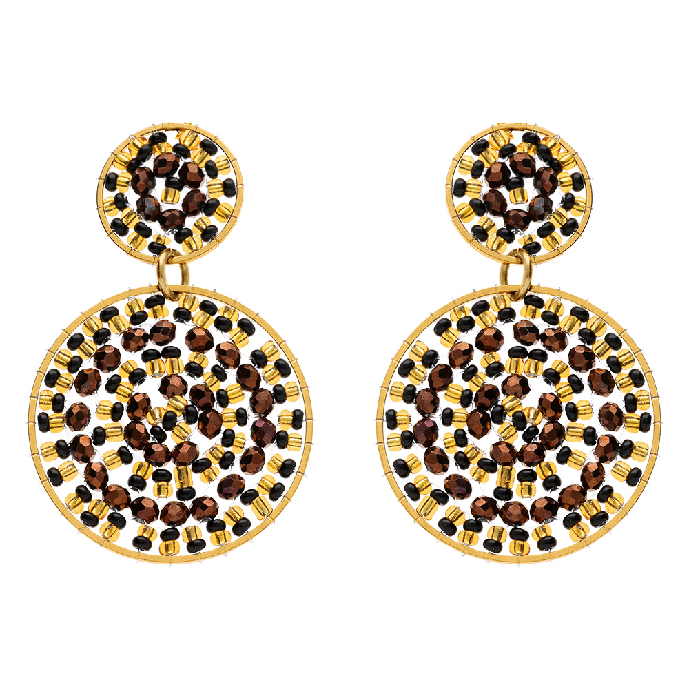Boucles d\'oreille pendantes boh�me en acier dor� deux  cercles couleur chocolat - Vue 1