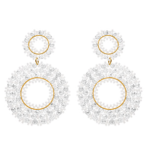 Boucles d'oreille pendantes boh�me en acier dor� deux  cercles de perles blanches et transparentes