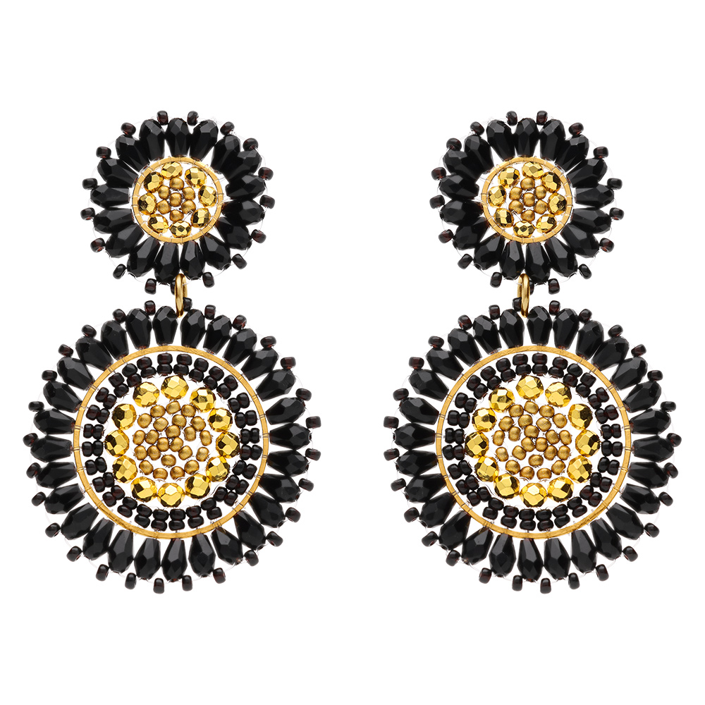 Boucles d\'oreille pendantes boh�me en acier dor� deux ronds couleur bleu marine - Vue 1