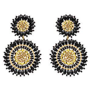 Boucles d'oreille pendantes boh�me en acier dor� deux ronds couleur bleu marine