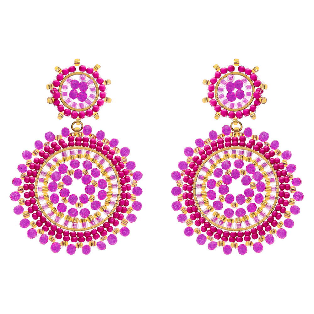 Boucles d\'oreille pendantes boh�me en acier dor� deux ronds couleur rose/violet - Vue 1