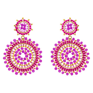 Boucles d'oreille pendantes boh�me en acier dor� deux ronds couleur rose/violet