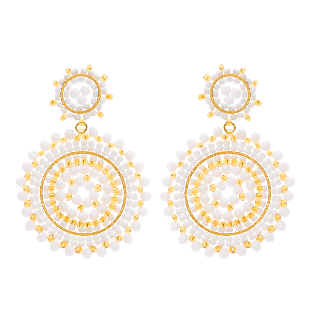 Boucles d\'oreille pendantes boh�me en acier dor� deux  ronds perle rose poudr� et blanches - Vue 1