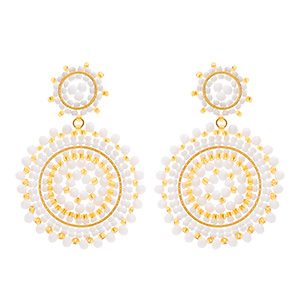 Boucles d'oreille pendantes boh�me en acier dor� deux  ronds perle rose poudr� et blanches