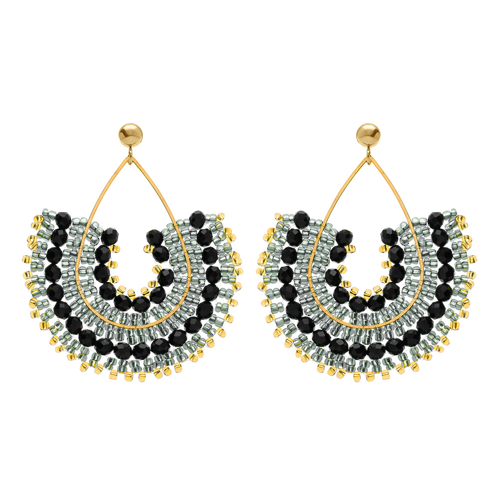 Boucles d\'oreille pendantes boh�me en acier dor� perles noires, argent�es et dor�es - dormeuse - Vue 1