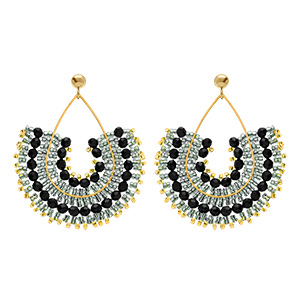 Boucles d'oreille pendantes boh�me en acier dor� perles noires, argent�es et dor�es - dormeuse