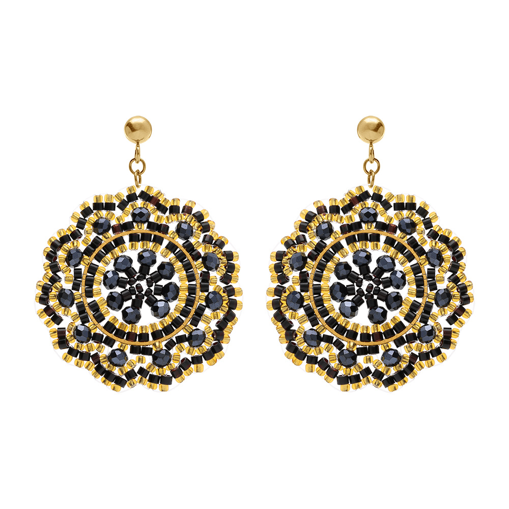 Boucles d\'oreille pendantes boh�me en acier dor� perles noires er dor�es - 40mm - Vue 1