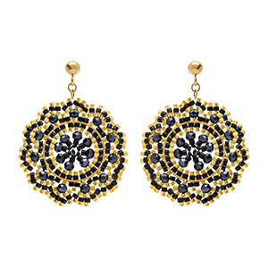 Boucles d'oreille pendantes boh�me en acier dor� perles noires er dor�es - 40mm