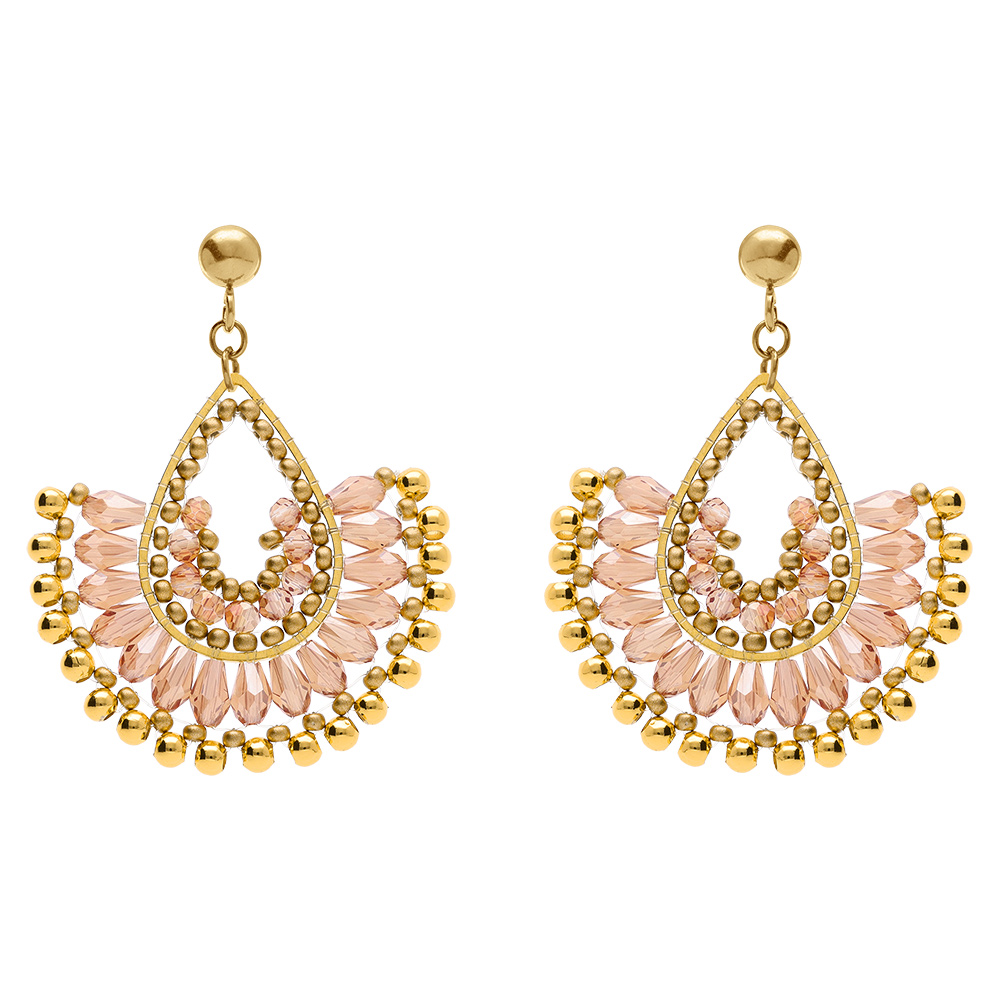 Boucles d\'oreille pendantes boh�me en acier dor� perles roses et dor�es - Vue 1