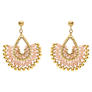 Boucles d'oreille pendantes boh�me en acier dor� perles roses et dor�es