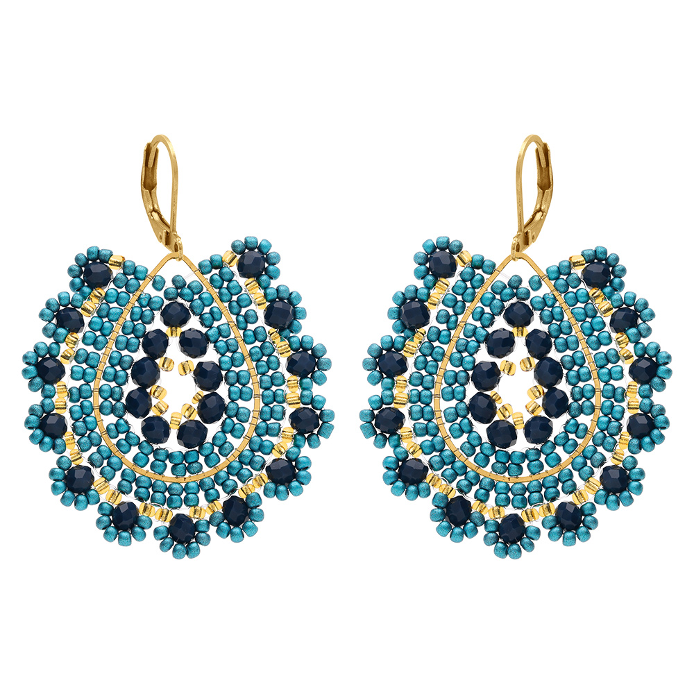 Boucles d\'oreille pendantes boh�me en acier dor� perles turquoises et bleu marine - dormeuse - Vue 1