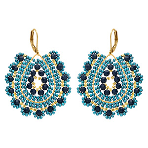 Boucles d'oreille pendantes boh�me en acier dor� perles turquoises et bleu marine - dormeuse