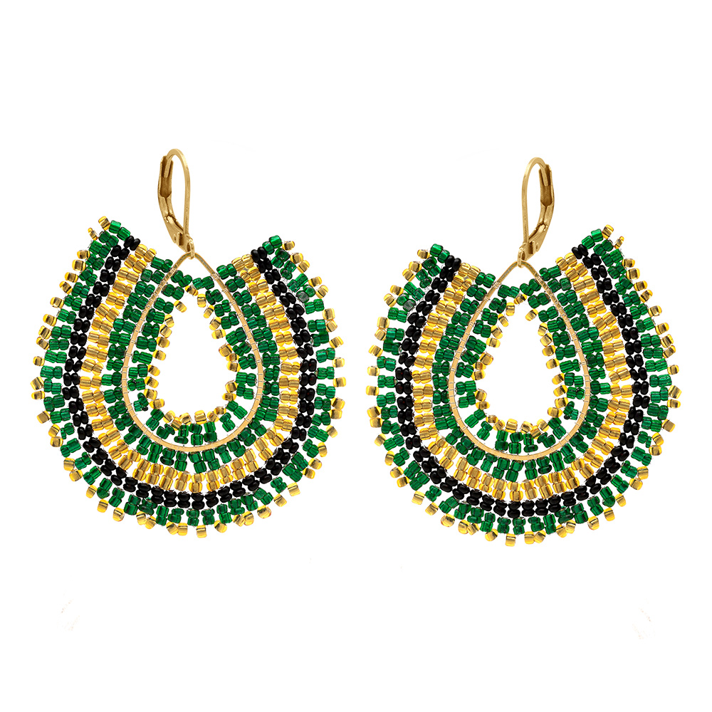 Boucles d\'oreille pendantes boh�me en acier dor� perles vertes, noires et dor�es - dormeuse - Vue 1