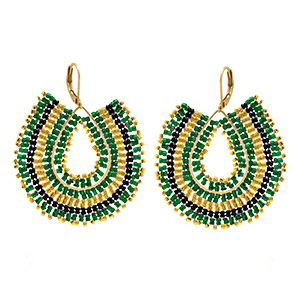 Boucles d'oreille pendantes boh�me en acier dor� perles vertes, noires et dor�es - dormeuse