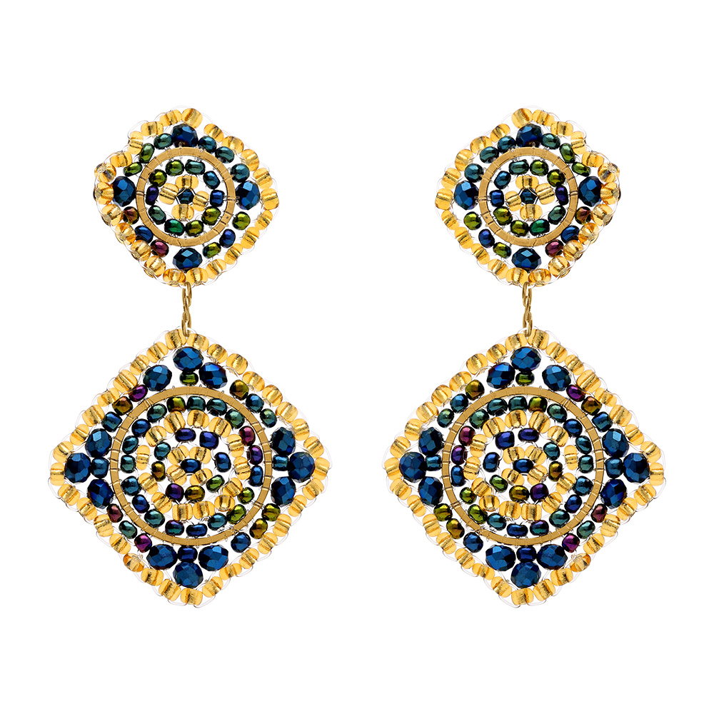 Boucles d\'oreille pendantes boh�me en acier dor� permes bleues et dor�es - Vue 1