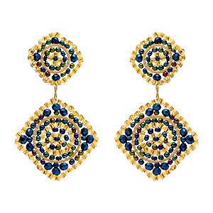 Boucles d'oreille pendantes boh�me en acier dor� permes bleues et dor�es