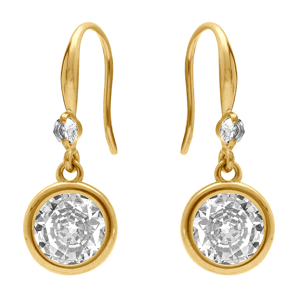 Boucles d\'oreille pendantes de forme  ronde  avec  oxyde blanc serti clos en acier dor� - dormeuse - Vue 1