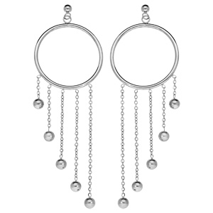 Boucles d\'oreille pendantes en acier anneau et 4 chaînettes avec boules et fermoir poussette - Vue 1