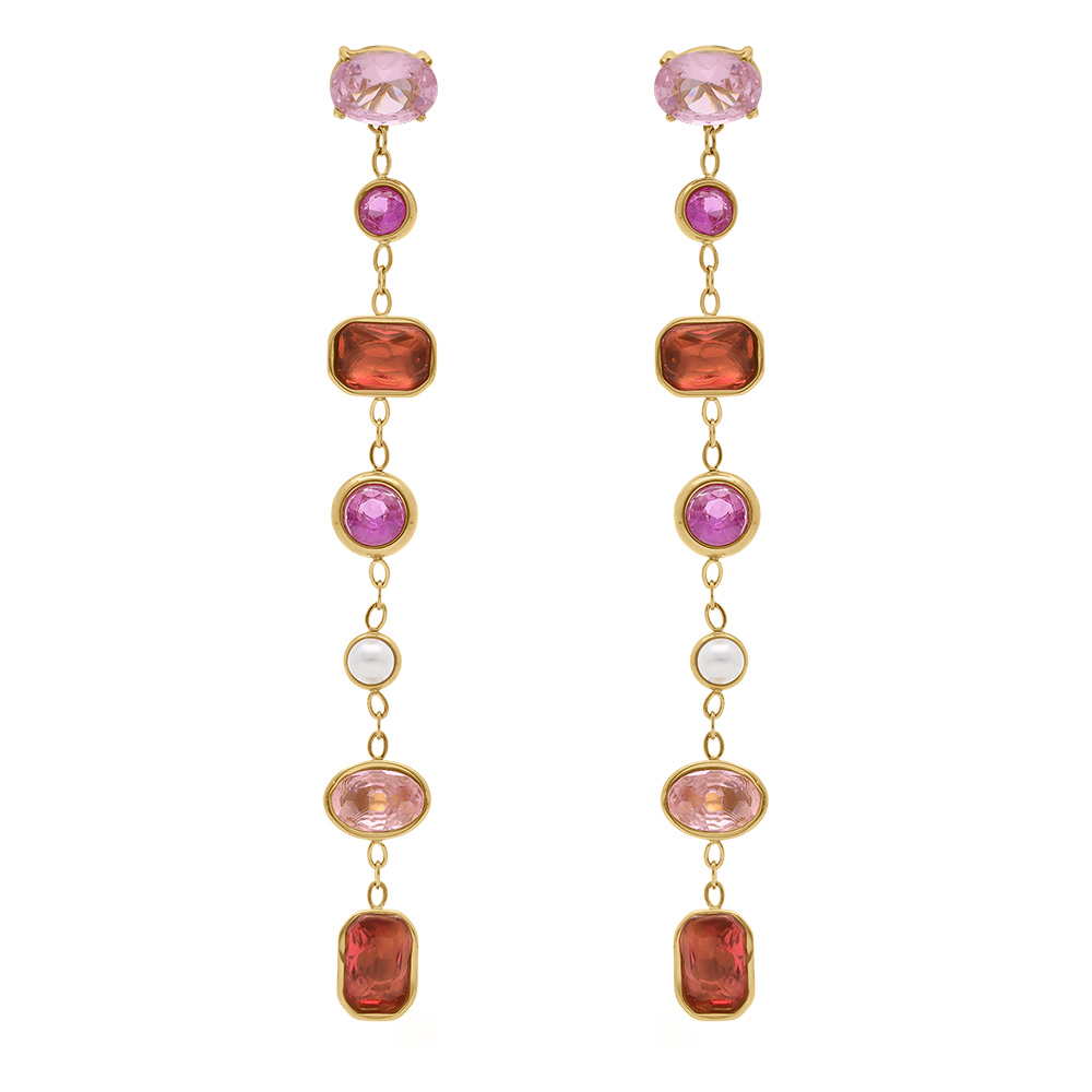 Boucles d\'oreille pendantes en  acier dor� avec oxydes ton rose - Vue 1