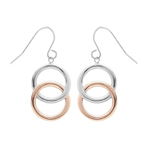 Boucles d\'oreille pendantes en acier et  PVD rose double cercle et fermoir crochet - Vue 1