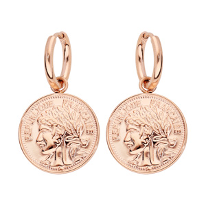 Boucles d\'oreille pendantes en acier et PVD rose fausse pièce de monnaie - Vue 1