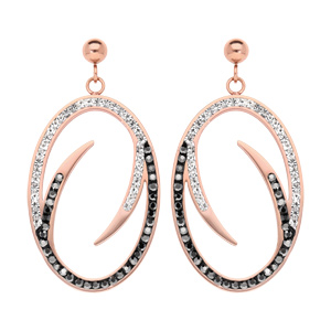 Boucles d\'oreille pendantes en acier et PVD rose ovale avec oxydes noirs et blancs et fermoir poussette - Vue 1