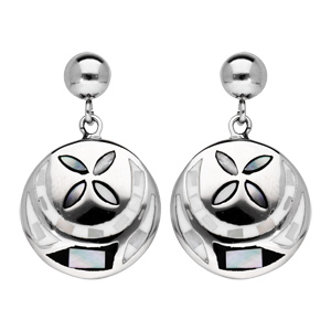Boucles d\'oreille pendantes en acier Stella Mia ronde motif fleur noir et blanc avec nacre et fermoir poussette - Vue 1