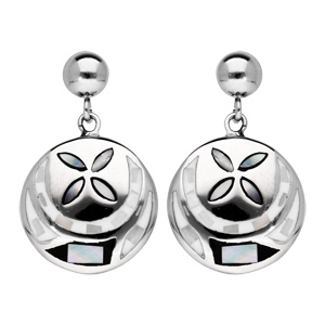 Boucles d\'oreille pendantes en acier Stella Mia ronde motif fleur noir et blanc avec nacre et fermoir poussette - Vue 1