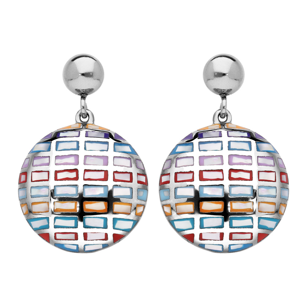 Boucles d\'oreille pendantes en acier Stella Mia ronde motif rectangles multi-couleur et nacre et fermoir poussette - Vue 1